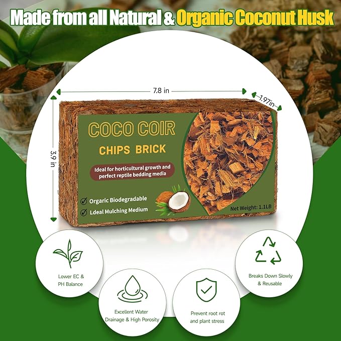 Coco Chips Substrate 2.2 LBS, Organic Coconut Husk Brick with Low EC and pH Balanced, Easy to Expand Coco Coir Mulch Medium for Garden Flowers & Reptile Bedding (2 Pcs)