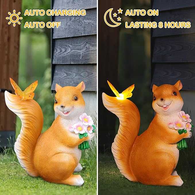 Attivolife Solar Squirrel Garden Statue Light, Outdoor Decor Figurines with Butterfly, Yard Patio Balcony Lawn Home Decor Sculpture Ornaments, Mother's Day Birthday Gift for Mom Grandma