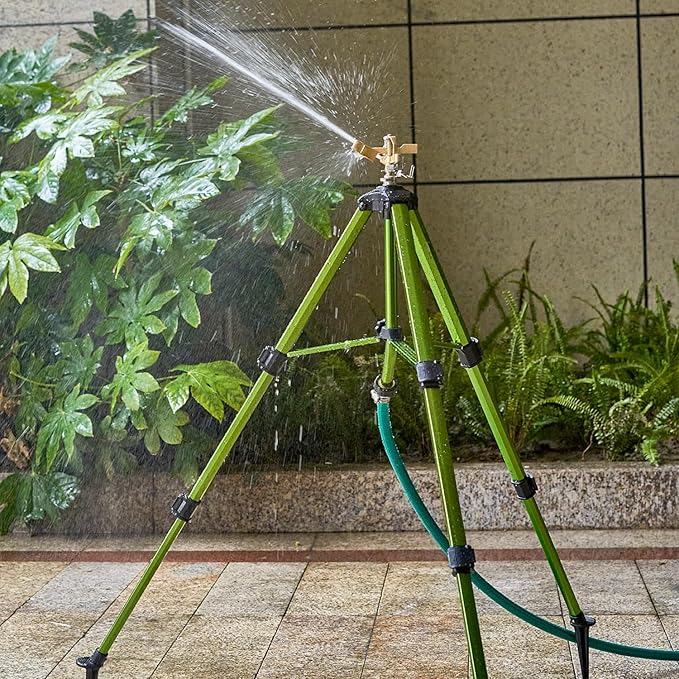 Tripod Sprinklers for Yard,Nalupatio Impact Sprinkler on Tripod Base,Heavy Duty Brass Sprinklers,360 Degree Large Area Irrigation,3/4 Inch Connector Sprinkler with Legs Flip Locks for Lawn/Yard,1 Pack