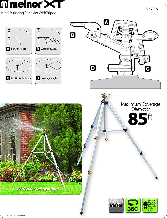 Melnor 65162AMZ Metal Pulsating Sprinkler with QuickConnect Set, Amazon Bundle, XT Tripod