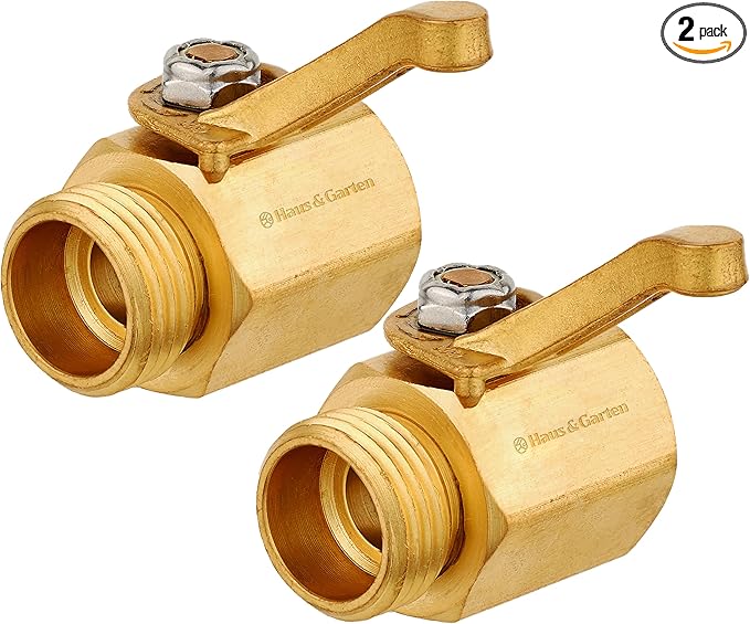 Haus & Garten Heavy-Duty 3/4" Brass Garden Hose Shut Off Valve - Garden Hose Connector, Water Shutoff, Gardening Hose Nozzle Valve, Outdoor 3/4 Inch GHT Brass Shut Off Valve Attachment (2-Pack)