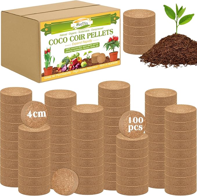 ZeeDix 100 Pcs 40mm Organic Coco Coir Pellets, Compressed Coconut Coir Seed Starter Soil Expanding Soil Discs Potting Soil Dirt Pellets for Planting Bonsai, Herbs, Plants, Flowers and Vegetables
