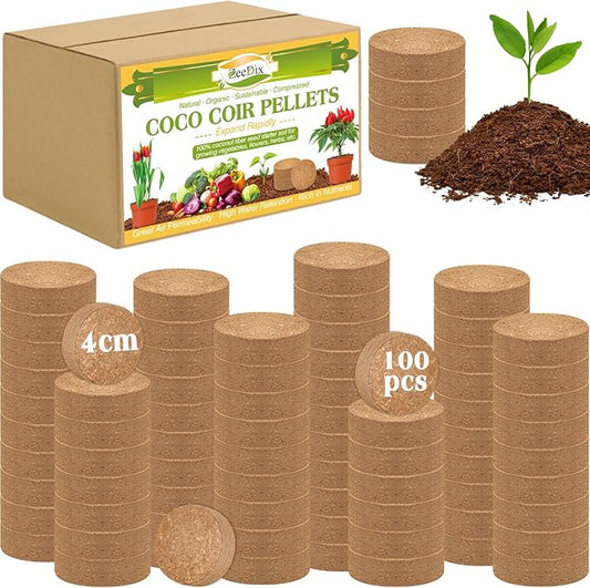 ZeeDix 100 Pcs 40mm Organic Coco Coir Pellets, Compressed Coconut Coir Seed Starter Soil Expanding Soil Discs Potting Soil Dirt Pellets for Planting Bonsai, Herbs, Plants, Flowers and Vegetables
