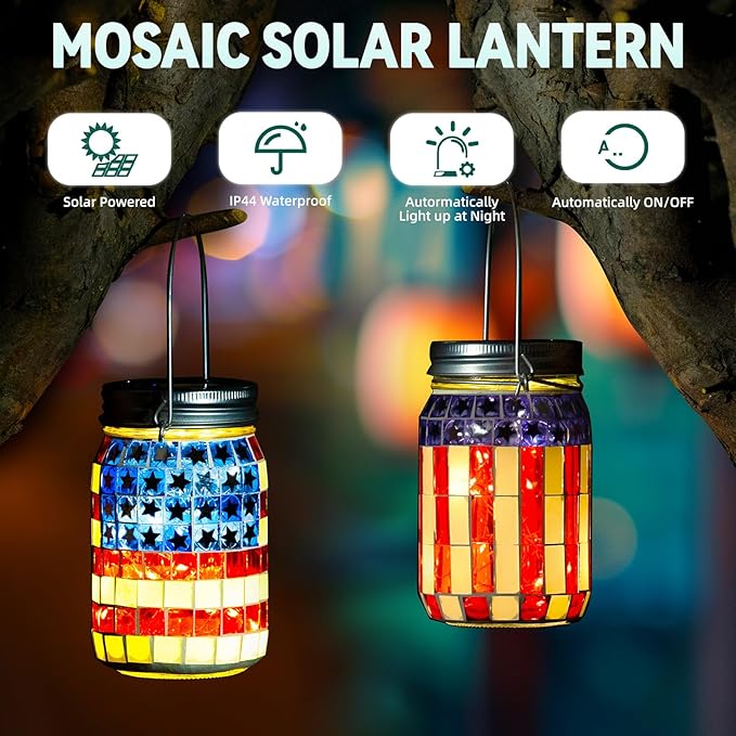 VOREEN 2 Pack Mosaic Solar Lanterns, Outdoor Glass Hanging Lights, Solar Table Lamps, Waterproof, American Flag Jar Lights Gifts, Patriotic Theme Decoration for Garden, Patio, Yard, Easter Gifts