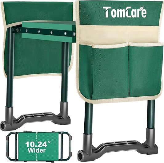 TomCare Garden Kneeler and Seat 10.24” Wide Kneeling Pad Garden Bench with 2 Tool Pouches Heavy Duty Stable Garden Stool Foldable Garden Tools Gardening Gifts for Women Men Seniors Gardeners, Green
