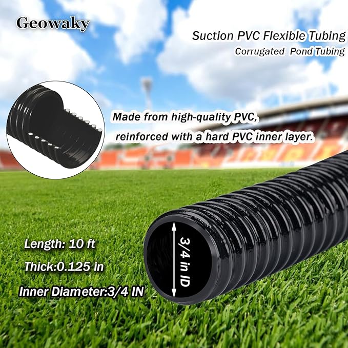 Pond Tubing 3/4” × 10ft- Black Corrugated Flexible PVC Hose, Kinkproof & Strong for Garden Ponds, Waterfall Sump Pump Pond Hose