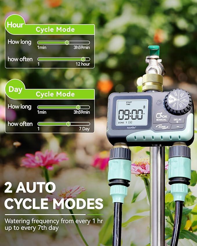 RAINPOINT 2 Zone Sprinkler Timer with Brass Inlet and Outlet - Water Timer for Garden Hose with Rain Delay/Manual Watering/Automatic Irrigation Controller System - Water Hose Timer for Yard Lawn