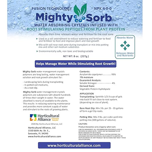 MightySorb Water Storing Crystals for Plants 8 oz. Water-Holding Polymer Hydrogel Granules Root Growth Stimulant Keeps Soil Moist Indoor Outdoor Plants Soil Amendment Prevent Over-Watering