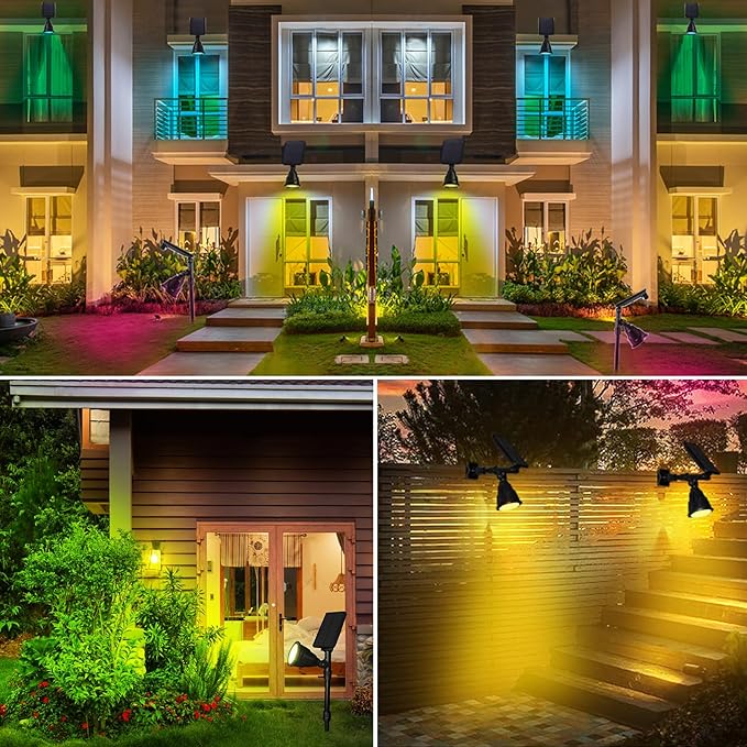 Solar Outdoor Spotlights - 18 LED, 600 Lumens, Waterproof, 7 Colors Adjustable for Year Round Patio, Garden, and Landscape Festive Lighting (2 Pack)