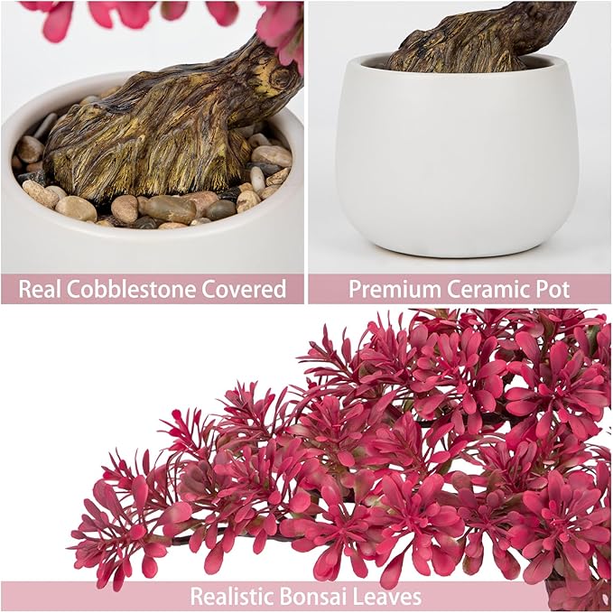 DILATATA Fake Bonsai Tree Zen Juniper Bonsai Plant 10” Tall Artificial Bonsai Trees with White Ceramic Pot Decorated with Pebbles Desk Plant Indoor Bonsai for Home Office Decor Pink