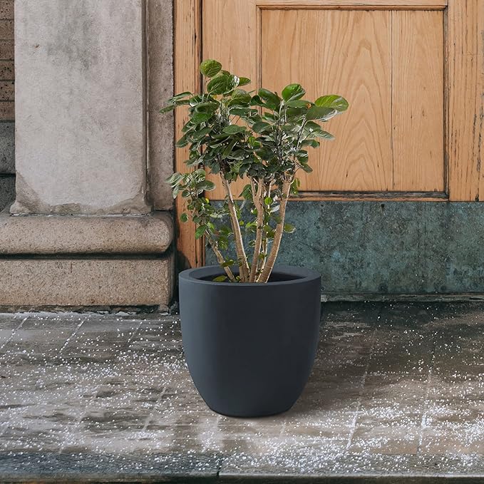 Kante 10 Inch Dia Round Concrete Planter, Indoor Outdoor Large Plant Pot with Drainage Hole and Rubber Plug for Home Patio Garden, Charcoal
