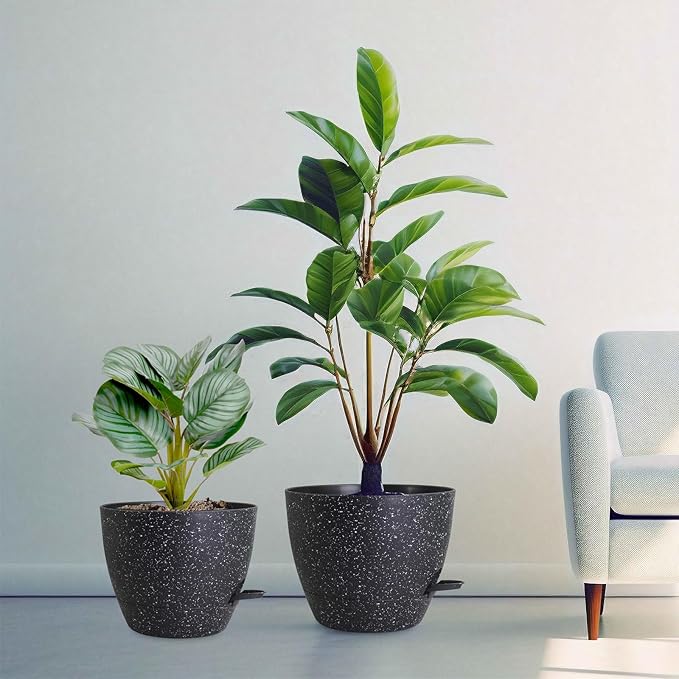 12/10/9 inch Large Self Watering Pots, Planter, Plant Pots with Mesh Drainage Holes for Indoor Outdoor Garden Plants, Plastic Flower Pots with Removable Deep Reservoir, Speckled Black