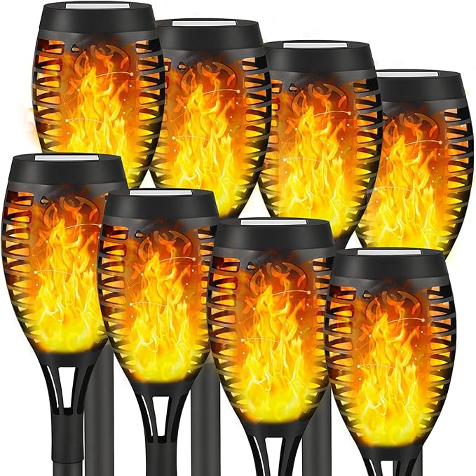 8 Pack Solar Tiki Torches, Flickering Flame Garden Decor, Waterproof LED Torches for Outside Patio Yard (Yellow)