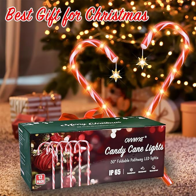 36" Outdoor Christmas Decorations, Real 30" Red Candy Cane Lights Outdoor Pathway 8 Flashing Modes, 12 Pack Christmas Candy Cane Lights, Christmas Decorations Outdoor Yard, Warm Lights with Star