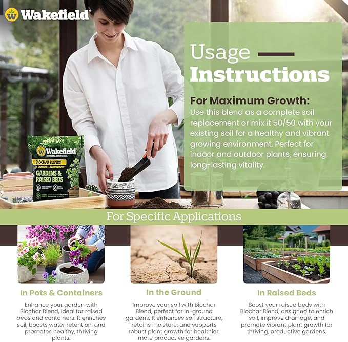 Wakefield Premium Biochar Blend with CarbonBoost & Advanced Probiotics - Ultimate Organic Potting Soil Mix for House Plants, Gardens and Raised Beds - Enhanced Water & Nutrient Retention - 2Quarts