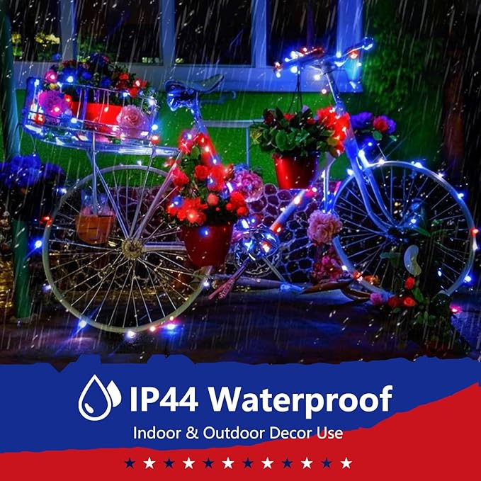 66Ft 200 LED Fairy Lights Plug in, July 4th Patriotic Waterproof String Lights with Timer for Indoor and Outdoor 8 Modes, Red White Blue American Flag Twinkle Lights for Independence Day, National Day