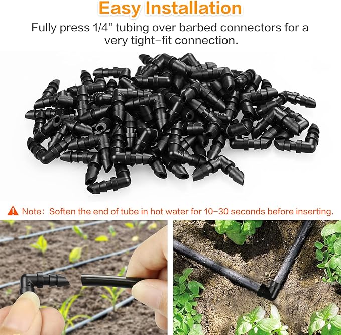 Drip Irrigation Elbow Fittings：50 Pieces Barbed Elbow Irrigation Parts with Sharp End Fits for 1/4 Inch Irrigation Tubing Drip Line Elbow Connectors for Garden Lawn Irrigation System