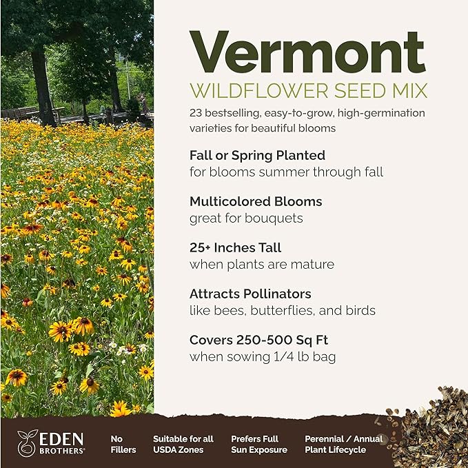 Eden Brothers Vermont Wildflower Mixed Seeds for Planting, 1/4 lb, 120,000+ Seeds with Cosmos, Cornflower | Attracts Pollinators, Plant in Spring or Fall, Zones