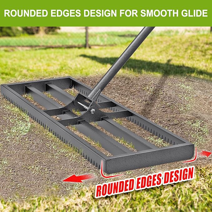 Lawn Leveling Rake with Rounded Edges, 30 x 10'' Leveling Rake with Tines for Soil, Heavy Duty Lawn Leveling Tool with 7FT Handle, Yard Leveling Rake for Farm, Garden, Backyard