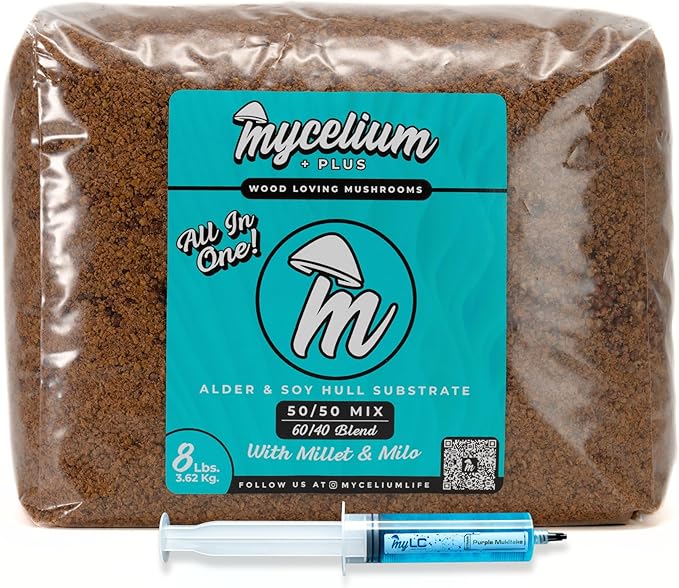 Gourmet Functional Alder & Soy Hull Blend with Mycelium Plus Grains - Milo/Millet 60/40-8lbs Combo | Purple Mukitake Gourmet - 8LBS All-in-One & 20ML Syringe