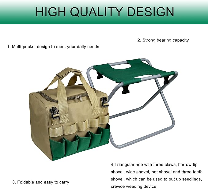 Folding Gardening Stool with Detachable Storage Tote Bag, Multifunctional Gardening Tools Set Organizer for Fishing and Camping,Portable Garden Chair Seat for Adults (Green+Khaki)