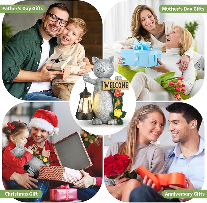 Json Garden Statue Solar Cat Figurine with Lantern, 10" Resin Kitten Outdoor Lawn Porch Yard Art, Lighted Christmas Birthday Gifts for Mom Grandma