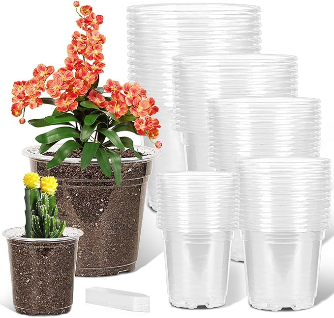 60 Pack 3.5/4/5/6/7 Inch Clear Nursery Pots with Drainage Hole,Variety Sizes Seed Starting Pots Transparent Plastic Plant Pots for Plants Transparency with 50 Plant Labels
