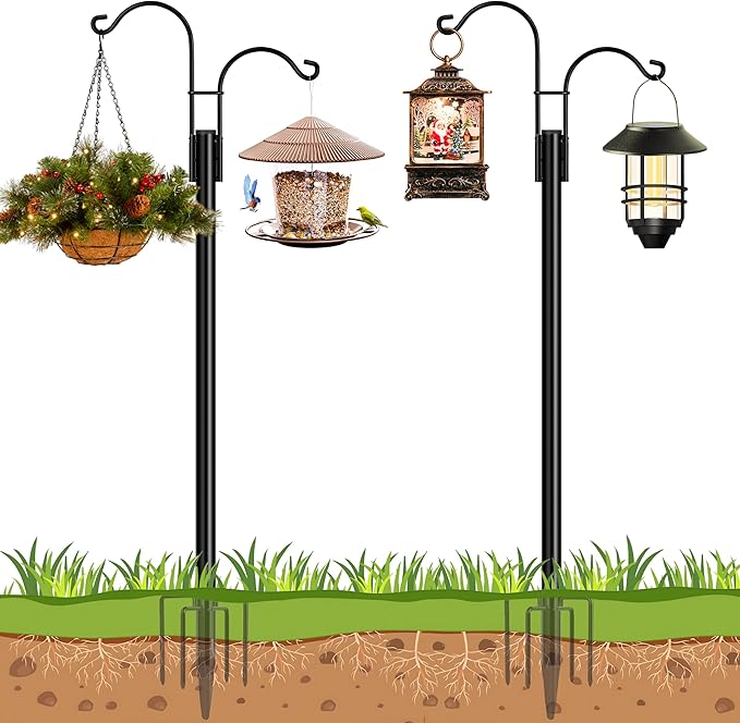 Ottsuls Bird Feeder Pole, 2 Pack 76 INCH Double Shepherds Hooks for Outdoor, Garden Pole with 5 Base Prongs Heavy Duty Planter Hooks for Hanging Plant Baskets, Lantern, Hummingbird Feeder