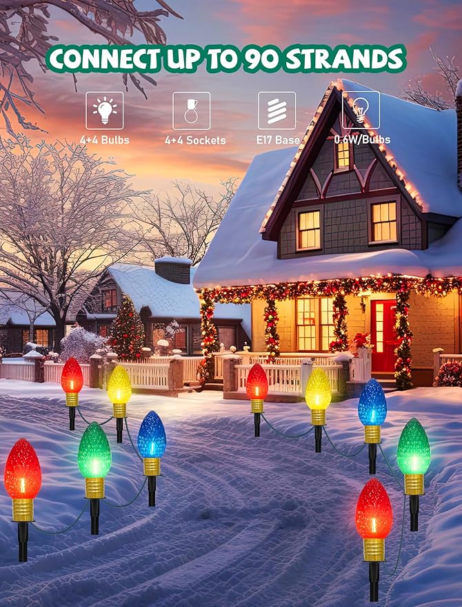 Jumbo C9 Christmas Pathway Lights Outdoor, 2 Pack 7FT Christmas Yard Decorations with 8 Jumbo C9 LED Strawberry Multicolor Bulbs Christmas Walkway Lights for Outside Holiday Lawn Garden Driveway Decor