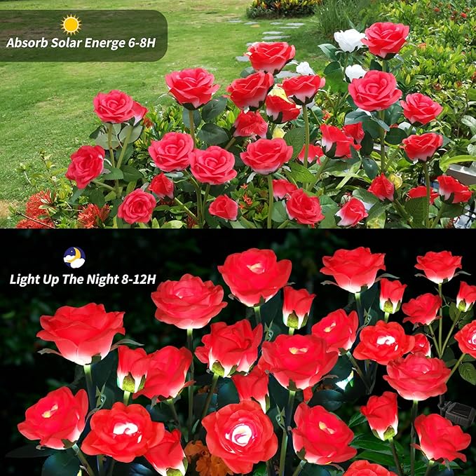 Solar Garden Lights, Solar Outdoor Lights with More Realistic 10 Rose Waterproof Solar Powered Flowers for Outside Patio Yard Pathway Decorations, 2 Pack Red