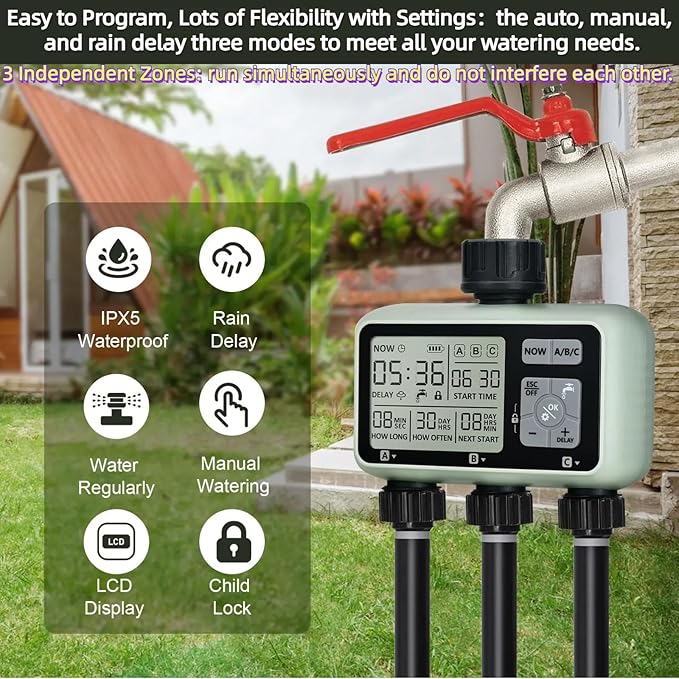3 Outlet Sprinkler Timer Brass, XinFuture Water Timer, Programmable Garden Hose Timer with Rain Delay, Manual& Automatic Watering System, Waterproof Digital Irrigation Timer for 3 Separate Water Zones