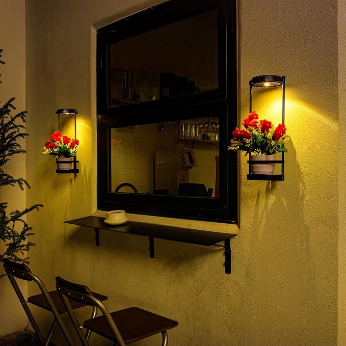 Solar Yard Wall Light with Plant Stands, Wireless Outdoor Solar Wall Lamp with 2 Modes & IP45 Waterproof Dusk to Dawn LED Outdoor Solar Lights for Garden Patio Yard Decoration (2Pack)