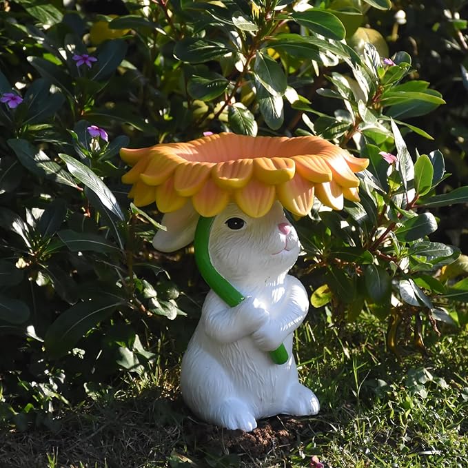 Solar Garden Decor Bunny Garden Statue Easter Decorations Outdoor Resin Sunflower Rabbit Statue with Bird Feeder Patio Decor Bunny Figurines with Lights Yard Decorations Easter Gifts for Women