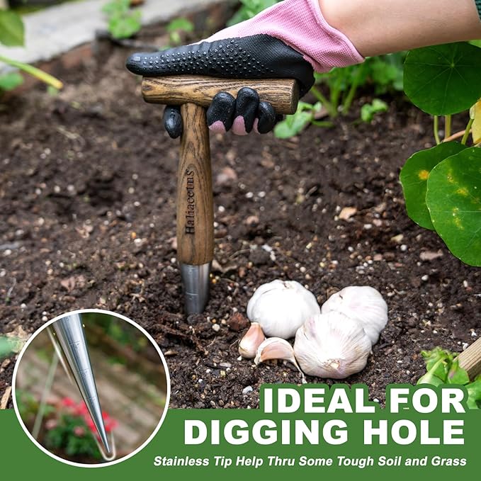 2024 New Upgrade Hand Dibber with 5 inches Measuring Scale, Easy to Grip L-Shaped Wood Handle Dibbler, Stamped Stainless Steel Tip Seed Dibber, 11.3'' Dibber for Sowing Seeds and Planting Seedlings