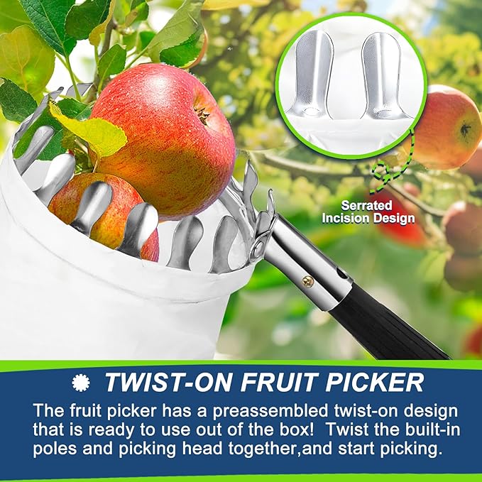 Fruit Picker Pole Tool with Basket Telescoping, 3.2FT-13.8FT Adjustable Pole, Apple Picker Tool with Soft Bag, Long Handle Picker for Avocado, Lemon, Orange, Mango, Limes, Persimmons, Plums