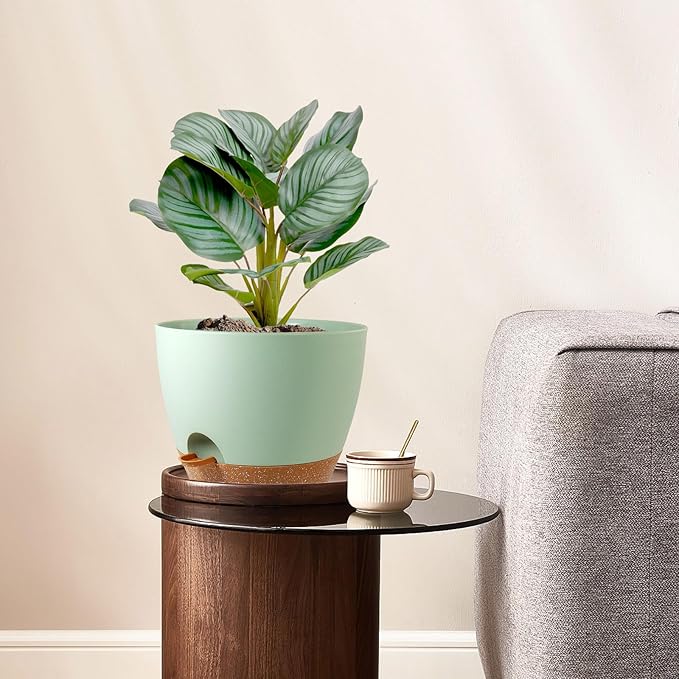 10 inch Self Watering Pots, 2 Pack Plastic Planters with Mesh Drainage Holes for Garden Plants and Flower, Plants Pots with Deep Reservoir for Indoor Outdoor Plants, Green with Brown