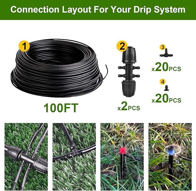 100FT 1/4 Inch Drip Irrigation Tubing, Distribution Hose Tube Kit Includes 2pcs 6-Way Connectors & 20pcs 1/4" Tee Splitters and End Plugs for Garden DIY Water-Saving Drip Irrigation System
