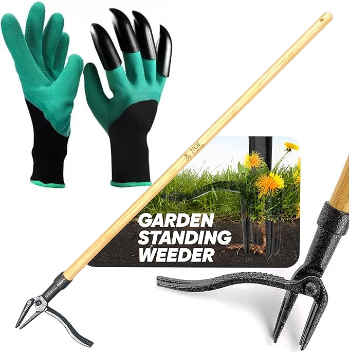 Weed Puller Tool Stand Up with Claw Gloves, Heavy Duty Long Handled Weeder with Ergonomic Design, Weed Remover for Dandelions, Crabgrass, Root Puller, Ideal Weeding Tool for Yard
