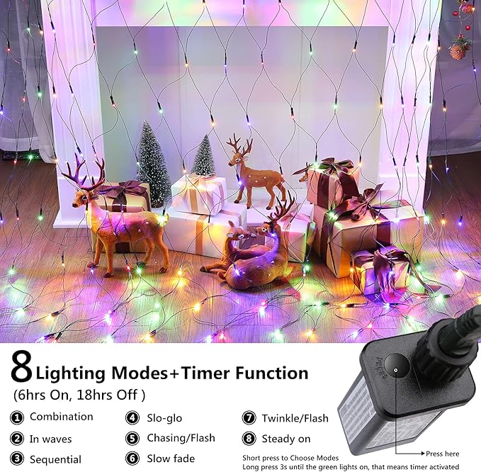 LYHOPE 12ft x 5ft 360 LED Christmas Net Lights, 8 Modes Low Voltage Green Wire Mesh Christmas Decorations Lights for Xmas Trees, Bushes, Wedding, Garden, Outdoor, Indoor Decor (Multicolor)