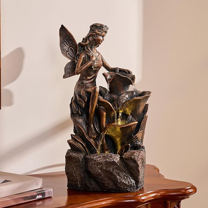 TERESA'S COLLECTIONS Water Fountain Outdoor Fairy Garden Statues with LED Lights and Pump, Large Floor Waterfall Backyard Water Fountains Porch Living Room Home Decor, Housewarming Gifts for Mom 19.3"