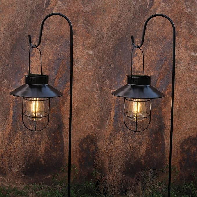 2 Pack Solar Lanterns ,Outdoor Waterproof Solar Lamp with Shepherd Hook, Metal Edison Bulb Lights Gifts for Gifts for Women/Mom Garden Outdoor Pathway Decor (Black)
