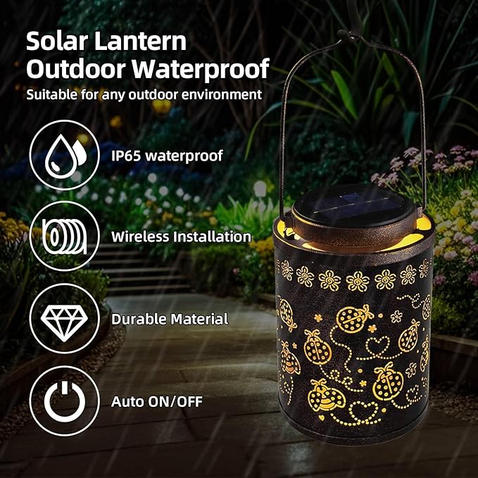 Solar Lanterns Outdoor Waterproof Ladybug Garden Decor, Hanging Metal Lights for Yard, Patio, Backyard, Porch, Fence, Ideal Gift for Women, Mom, Grandma, Birthday & Mother’s Day