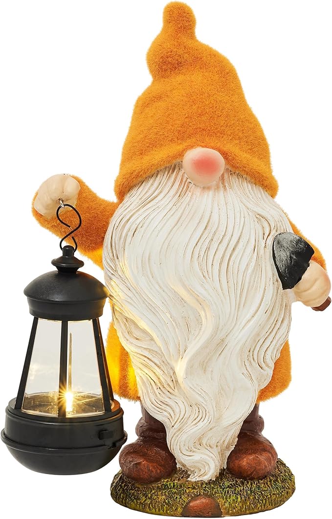 TERESA'S COLLECTIONS Christmas Outdoor Statue for Home, Resin Gnome Decorations with Solar Outdoor Lights for Garden Decor,Yellow Garden Sculptures & Statues for Front Patio Lawn, Gifts for Mom,12"