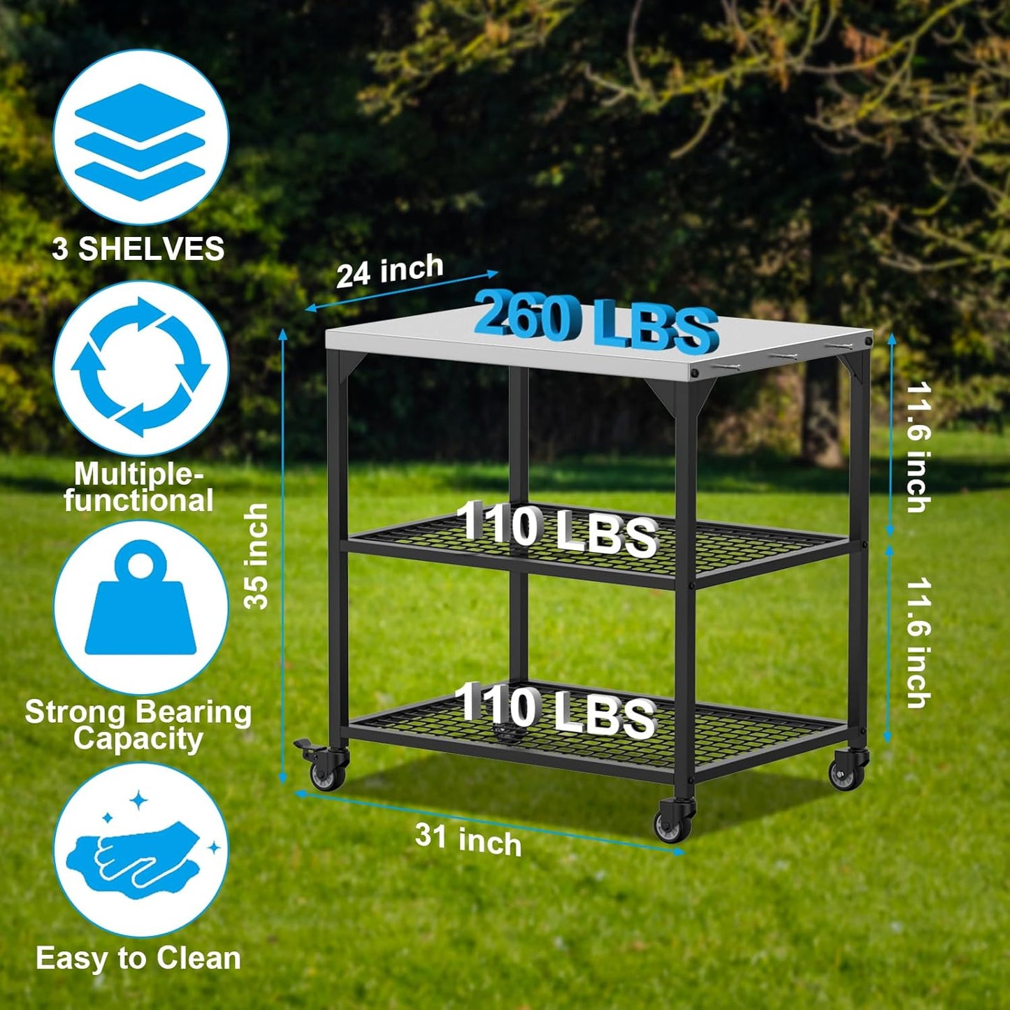 LS'BABQ Pizza Oven Table Cart for Ooni, Ninja Woodfire, Blackstone Grill Stand, Outdoor Grill Cart with Wheels, Stainless Steel Rolling Trolley Kitchen Cooking Food Prep and Work Cart Table with Cover