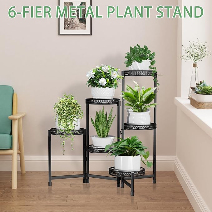 6 Tier Metal Plant Stand Indoor,31.5in Tall Corner Plant Stands Outdoor,Black Folding Tiered Flower Display Holder Rack Shelf Patio Garden Multiple Plants