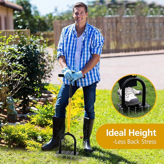 Lawn Aerator Spike Metal Manual Dethatching Soil Aerating Lawn with 15 Iron Spikes, Pre-Assembled Grass Aerator Tools for Yard, Lawn Aeration, Garden Tool, Revives Lawn Health（Black + Yellow01）