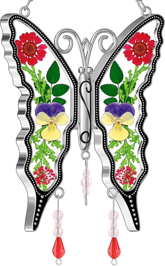 KY&BOSAM Butterfly Suncatcher DIY Gifts for Mom Ornament for Window Pressed Flower Between Wings Glass Metal Engraved No Charm Gifts for Mom Mother's Day Valentine's Birthday Thanksgiving Christmas