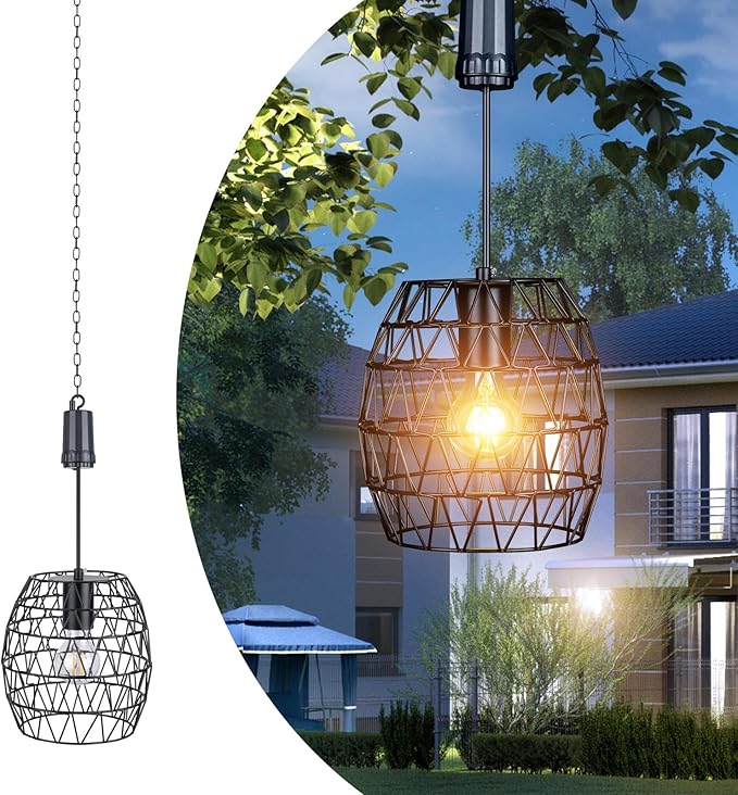 Larekook 6 Hours Timer Battery Operated Outdoor Hanging Light — Outdoor Indoor Pendant Chandelier Waterproof Porch Gazebo Patio Pendant Lantern Chandelier Lighting-Out Auto On/Off