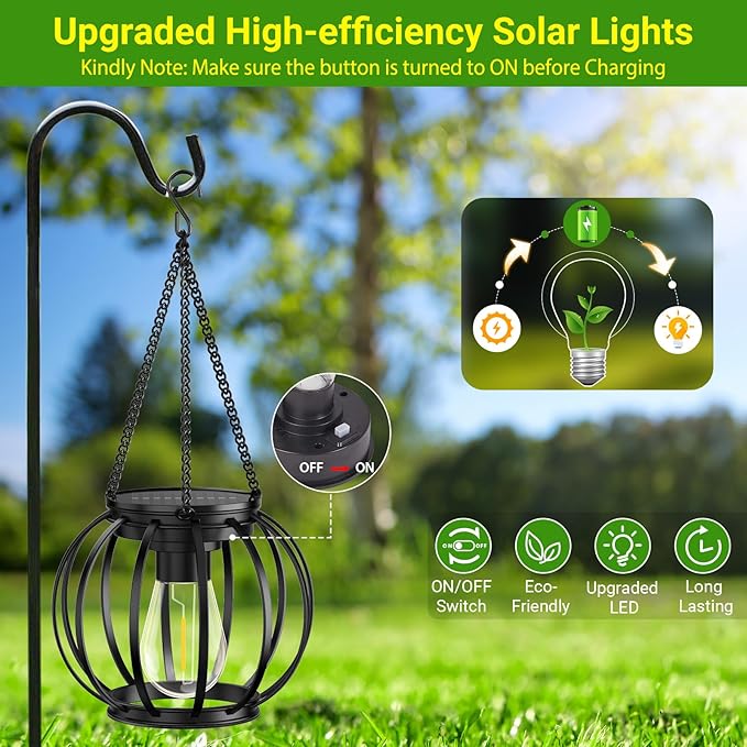 KOOPER Solar Lanterns Outdoor Lights, Upgraded Metal Solar Lantern, Brighter Hanging Solar Lights Outdoor Waterproof, Auto On/Off Solar Light for Yard Garden Patio Pathway Decor 2 Pack
