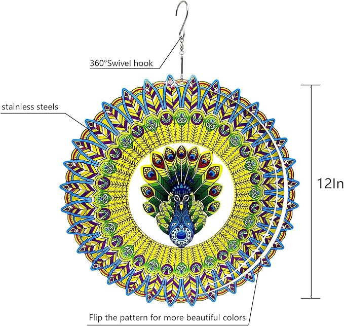 Wind Spinner Colorful Peacock 12 inch 3D Stainless Steel Laser Cut Metal Double Sided Printing-Hanging Indoor/Outdoor Decorations Yard Gardening Decor,Metal Kinetic Art Ornament Gifts